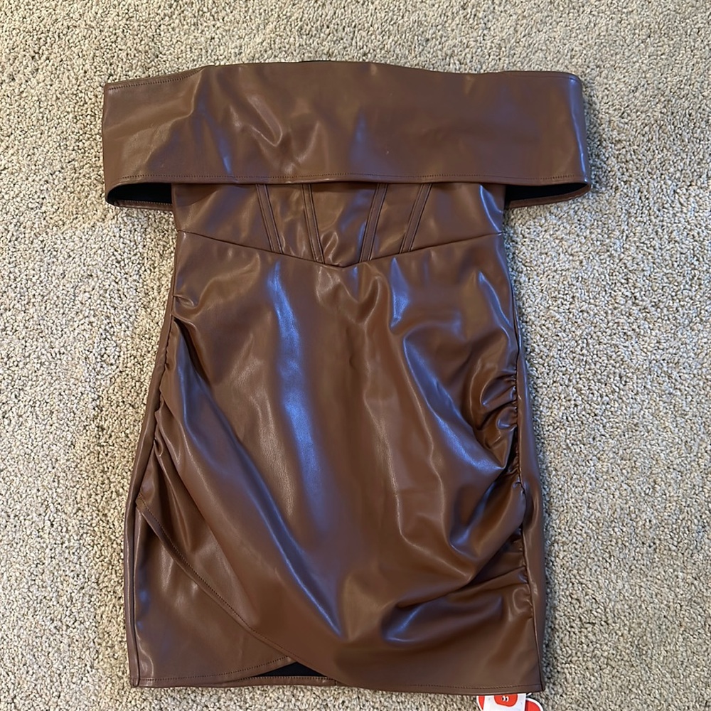 Brown pleather off the shoulder dress